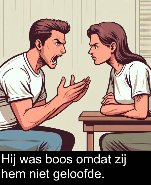 geloofde: Hij was boos omdat zij hem niet geloofde.