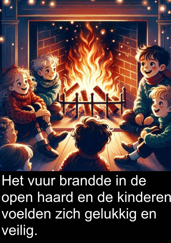gelukkig: Het vuur brandde in de open haard en de kinderen voelden zich gelukkig en veilig.