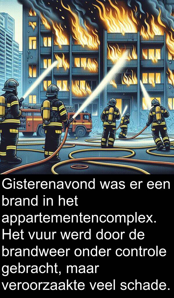 vuur: Gisterenavond was er een brand in het appartementencomplex. Het vuur werd door de brandweer onder controle gebracht, maar veroorzaakte veel schade.