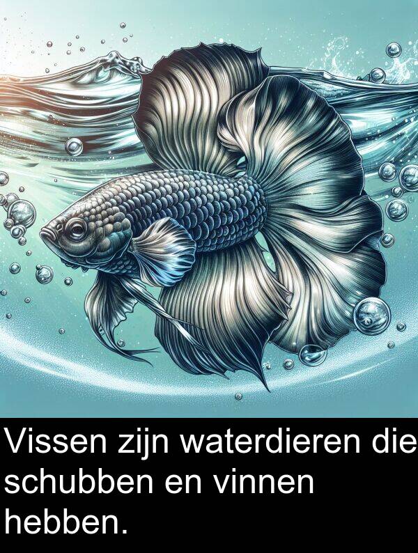 schubben: Vissen zijn waterdieren die schubben en vinnen hebben.