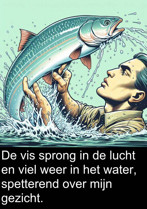gezicht: De vis sprong in de lucht en viel weer in het water, spetterend over mijn gezicht.