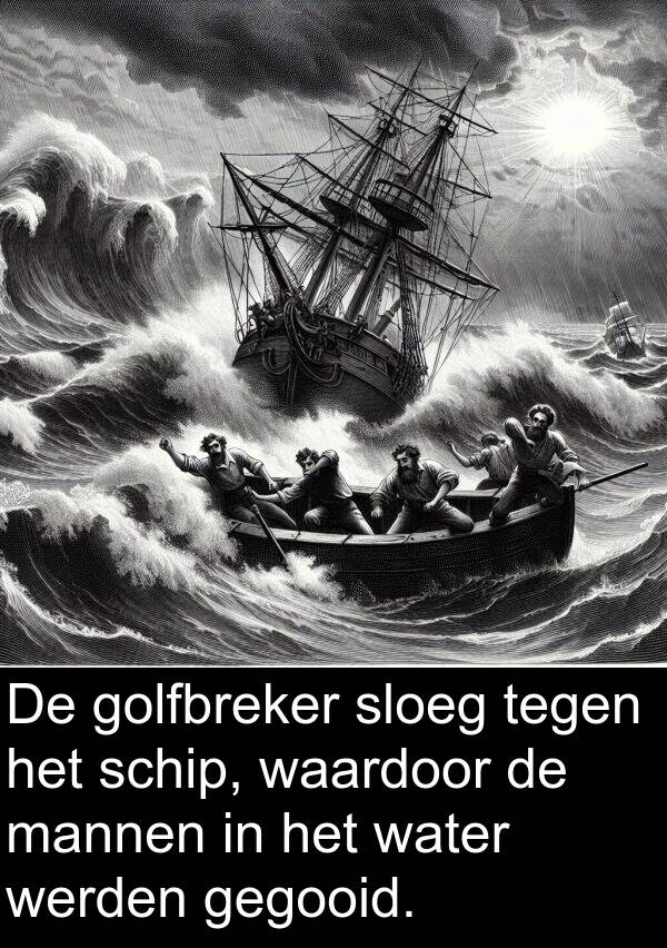 golfbreker: De golfbreker sloeg tegen het schip, waardoor de mannen in het water werden gegooid.