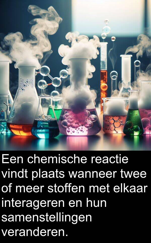 chemische: Een chemische reactie vindt plaats wanneer twee of meer stoffen met elkaar interageren en hun samenstellingen veranderen.