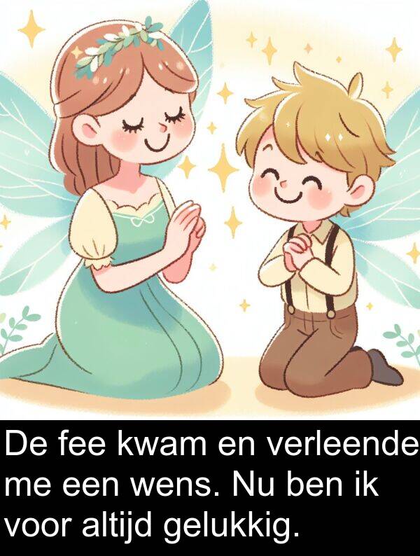 gelukkig: De fee kwam en verleende me een wens. Nu ben ik voor altijd gelukkig.