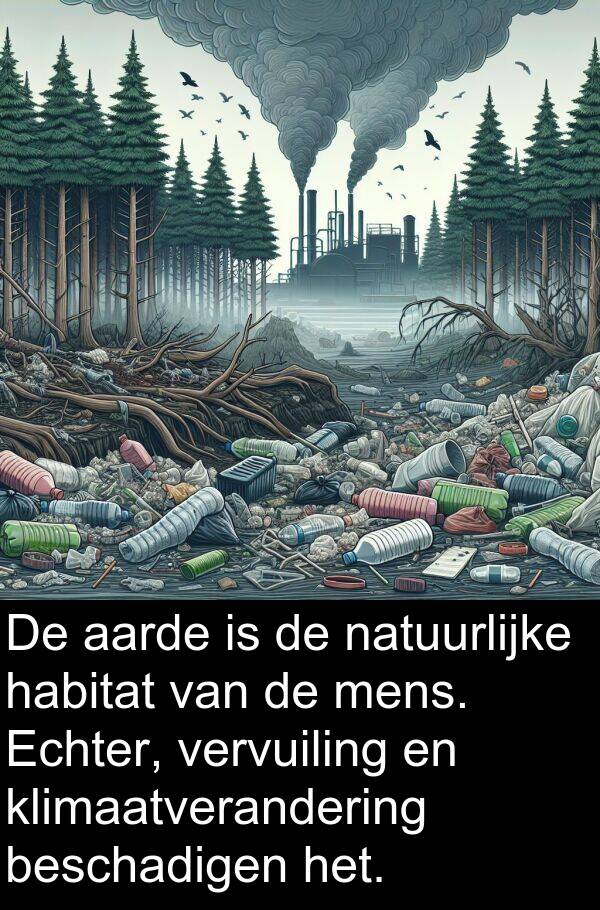 beschadigen: De aarde is de natuurlijke habitat van de mens. Echter, vervuiling en klimaatverandering beschadigen het.
