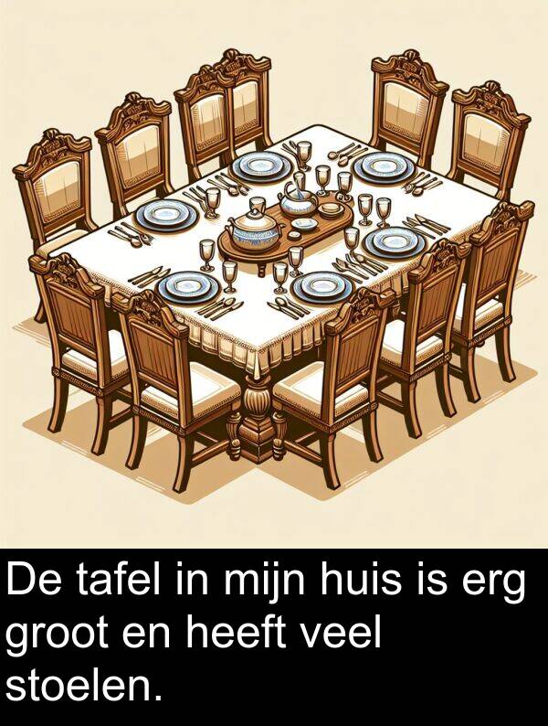 groot: De tafel in mijn huis is erg groot en heeft veel stoelen.