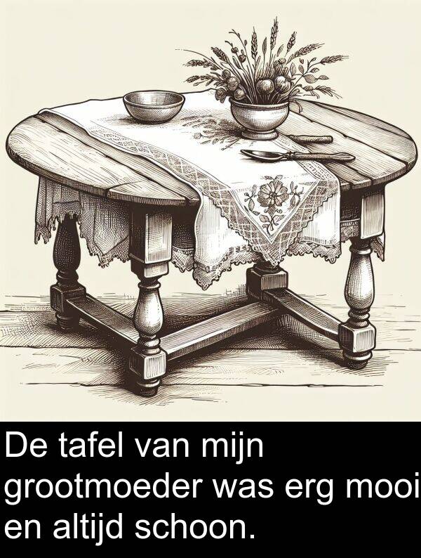 grootmoeder: De tafel van mijn grootmoeder was erg mooi en altijd schoon.