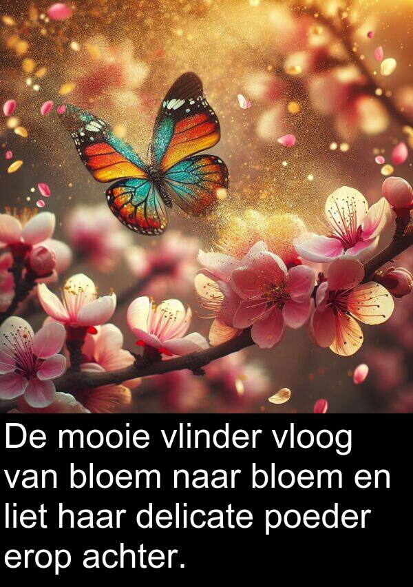 erop: De mooie vlinder vloog van bloem naar bloem en liet haar delicate poeder erop achter.