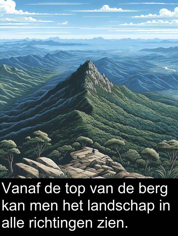 richtingen: Vanaf de top van de berg kan men het landschap in alle richtingen zien.