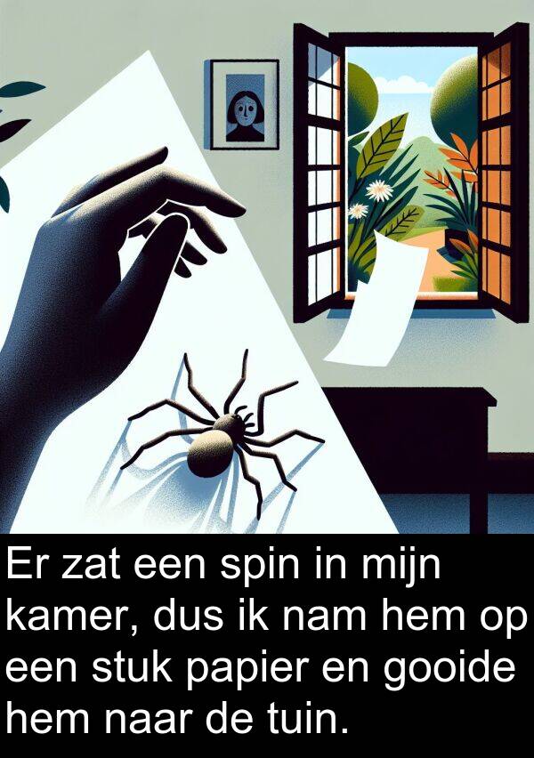 gooide: Er zat een spin in mijn kamer, dus ik nam hem op een stuk papier en gooide hem naar de tuin.