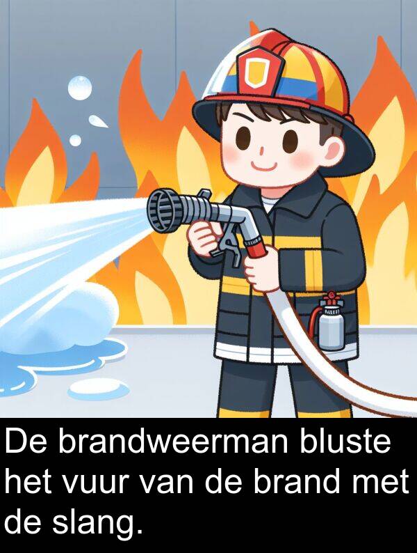 vuur: De brandweerman bluste het vuur van de brand met de slang.