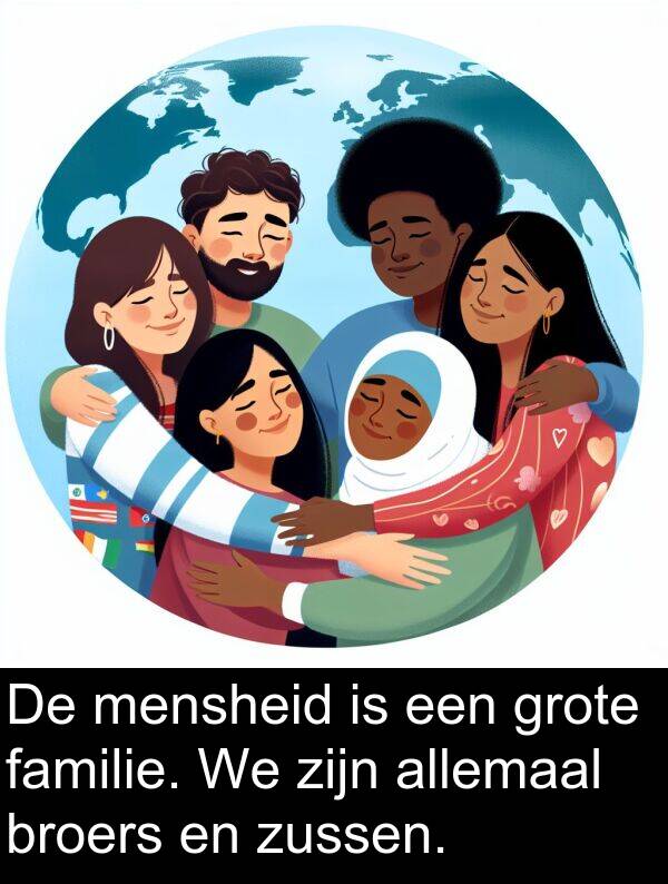 zussen: De mensheid is een grote familie. We zijn allemaal broers en zussen.
