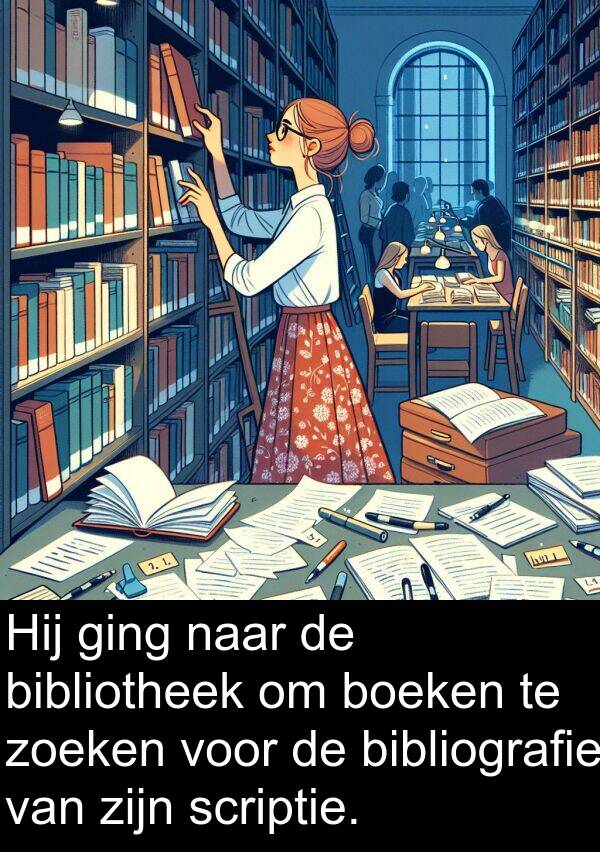 ging: Hij ging naar de bibliotheek om boeken te zoeken voor de bibliografie van zijn scriptie.