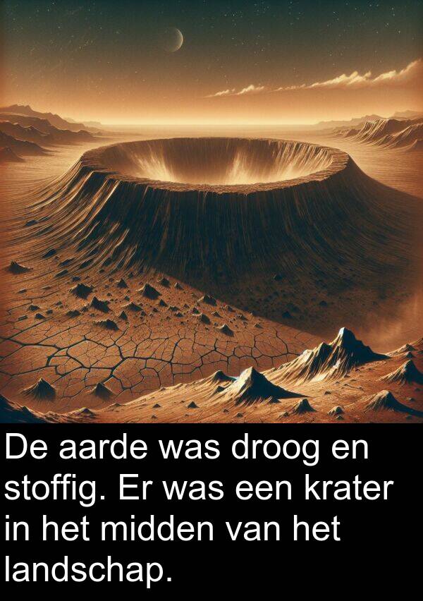 droog: De aarde was droog en stoffig. Er was een krater in het midden van het landschap.