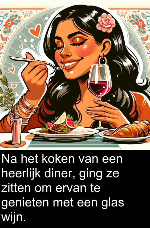 glas: Na het koken van een heerlijk diner, ging ze zitten om ervan te genieten met een glas wijn.