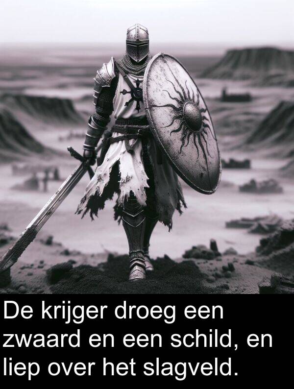 droeg: De krijger droeg een zwaard en een schild, en liep over het slagveld.