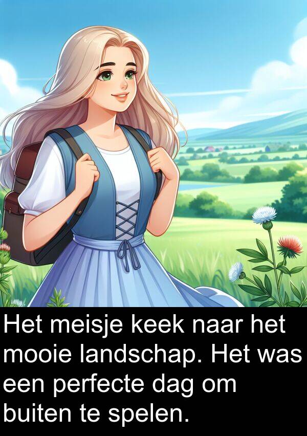 buiten: Het meisje keek naar het mooie landschap. Het was een perfecte dag om buiten te spelen.