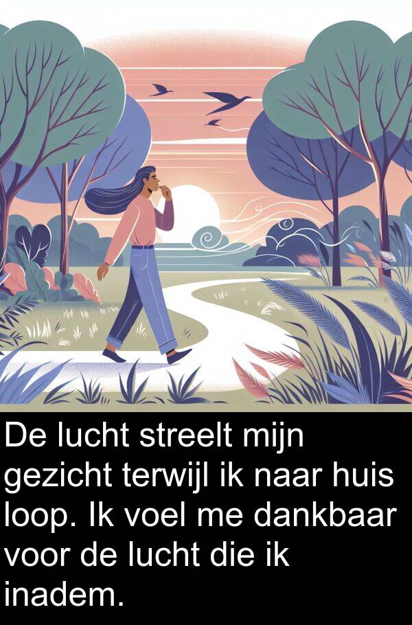 gezicht: De lucht streelt mijn gezicht terwijl ik naar huis loop. Ik voel me dankbaar voor de lucht die ik inadem.