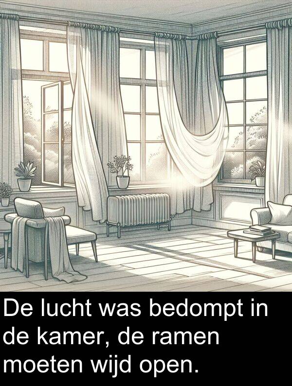 lucht: De lucht was bedompt in de kamer, de ramen moeten wijd open.