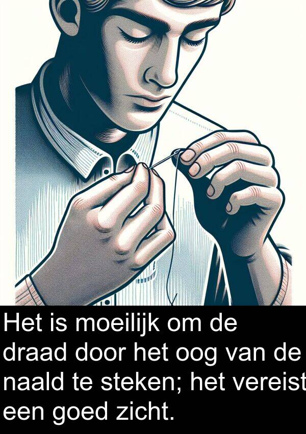 draad: Het is moeilijk om de draad door het oog van de naald te steken; het vereist een goed zicht.