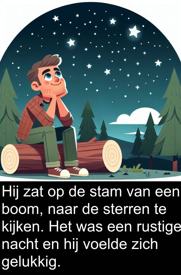 gelukkig: Hij zat op de stam van een boom, naar de sterren te kijken. Het was een rustige nacht en hij voelde zich gelukkig.