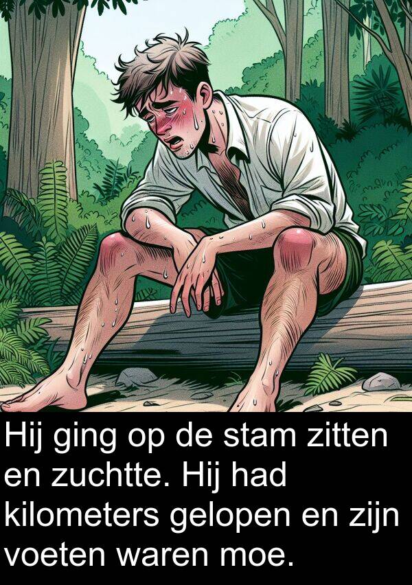 gelopen: Hij ging op de stam zitten en zuchtte. Hij had kilometers gelopen en zijn voeten waren moe.