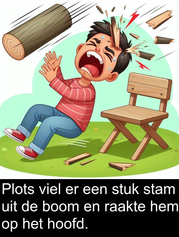 stuk: Plots viel er een stuk stam uit de boom en raakte hem op het hoofd.