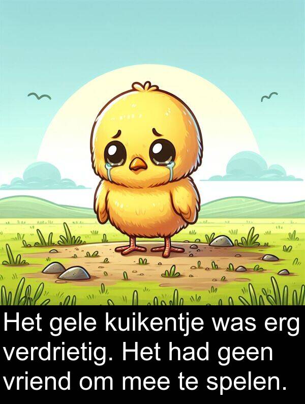 gele: Het gele kuikentje was erg verdrietig. Het had geen vriend om mee te spelen.