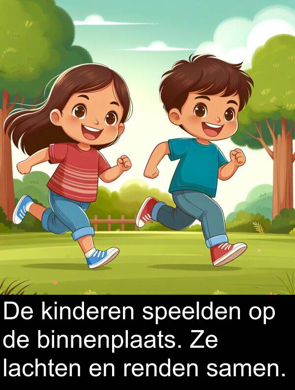 kinderen: De kinderen speelden op de binnenplaats. Ze lachten en renden samen.