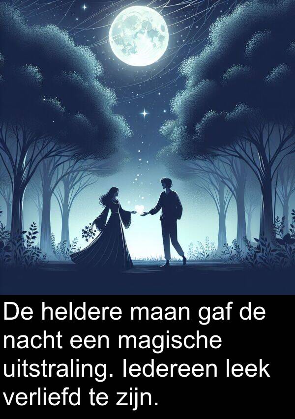 maan: De heldere maan gaf de nacht een magische uitstraling. Iedereen leek verliefd te zijn.