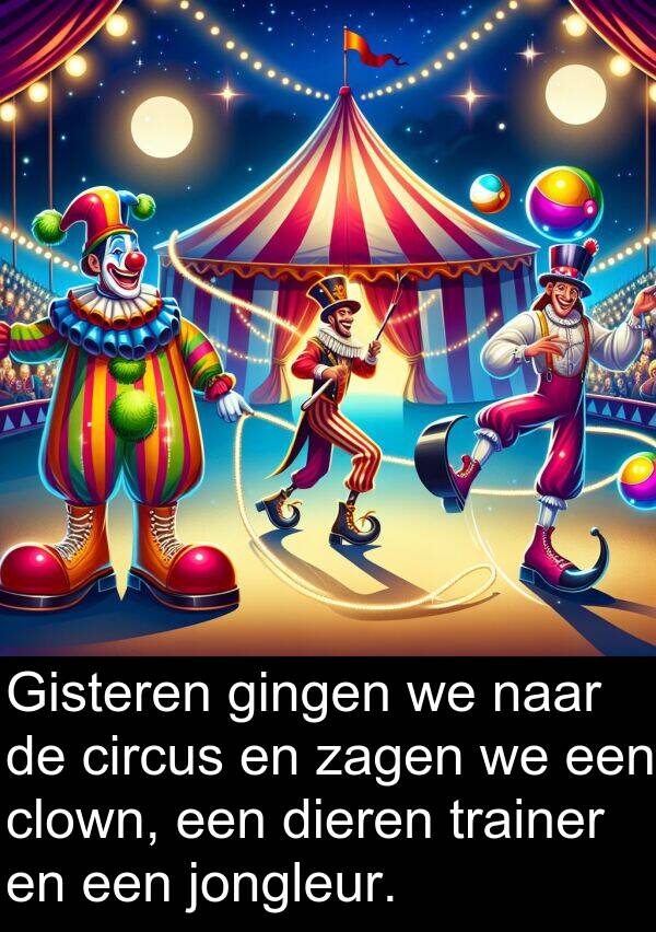gingen: Gisteren gingen we naar de circus en zagen we een clown, een dieren trainer en een jongleur.