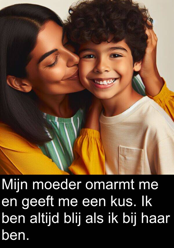 moeder: Mijn moeder omarmt me en geeft me een kus. Ik ben altijd blij als ik bij haar ben.