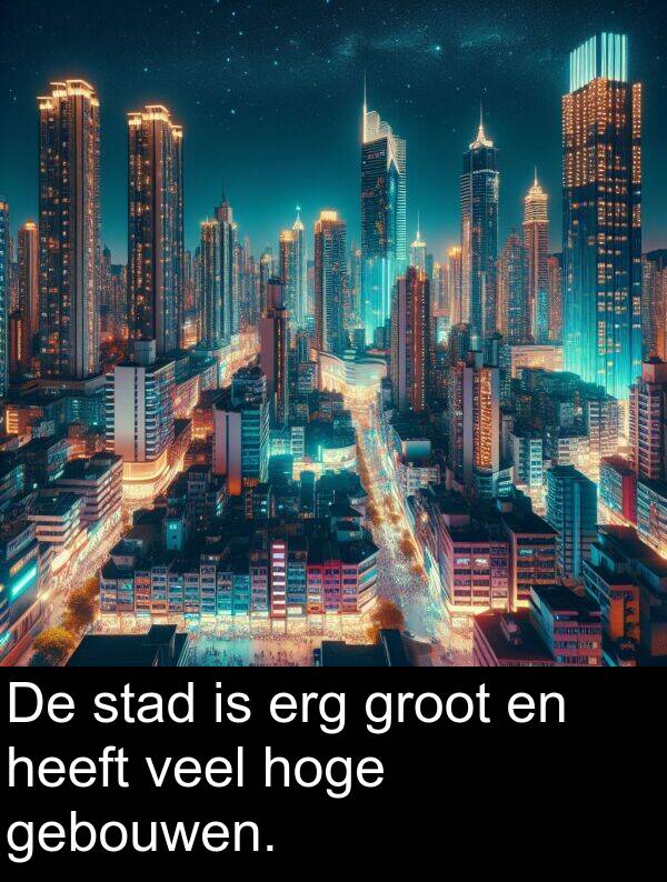 groot: De stad is erg groot en heeft veel hoge gebouwen.