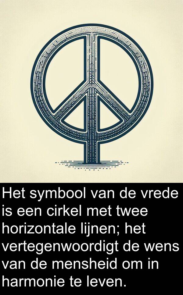 harmonie: Het symbool van de vrede is een cirkel met twee horizontale lijnen; het vertegenwoordigt de wens van de mensheid om in harmonie te leven.