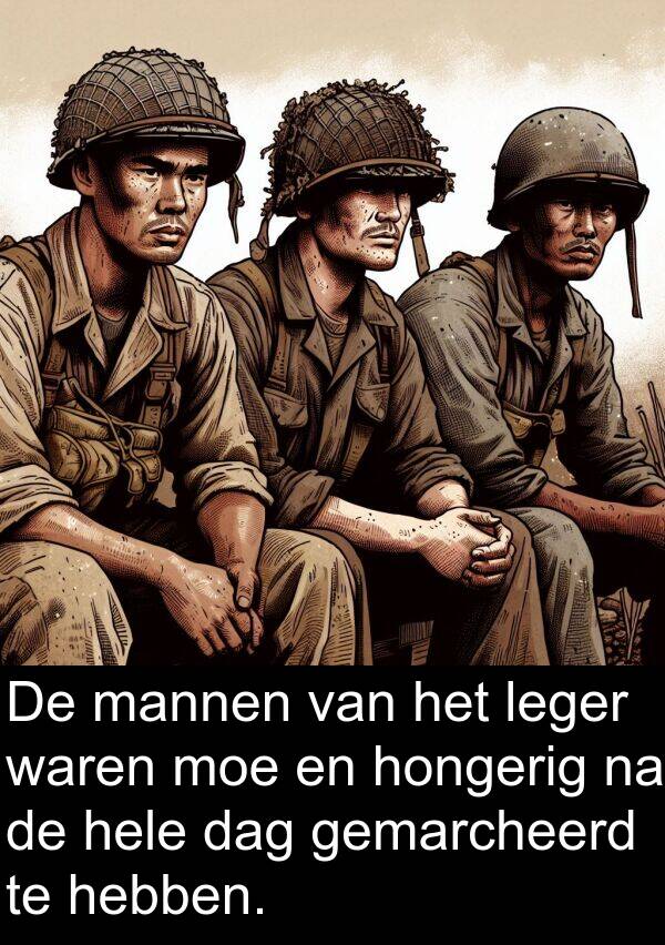 leger: De mannen van het leger waren moe en hongerig na de hele dag gemarcheerd te hebben.