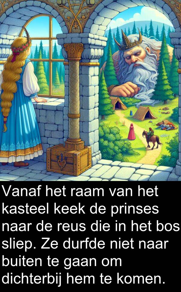kasteel: Vanaf het raam van het kasteel keek de prinses naar de reus die in het bos sliep. Ze durfde niet naar buiten te gaan om dichterbij hem te komen.