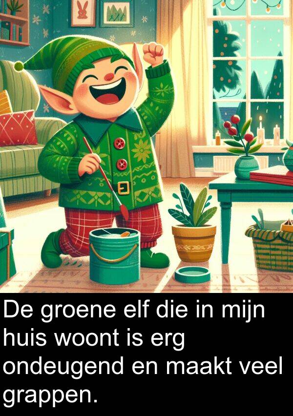 groene: De groene elf die in mijn huis woont is erg ondeugend en maakt veel grappen.