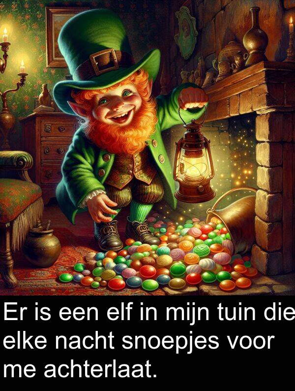 tuin: Er is een elf in mijn tuin die elke nacht snoepjes voor me achterlaat.