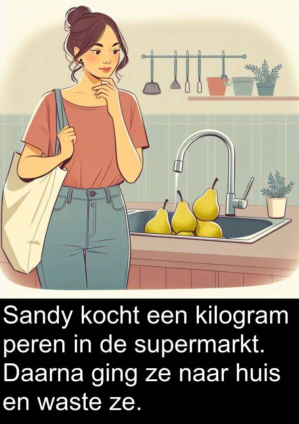 ging: Sandy kocht een kilogram peren in de supermarkt. Daarna ging ze naar huis en waste ze.