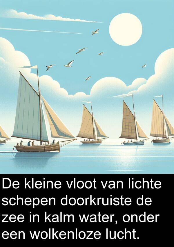 doorkruiste: De kleine vloot van lichte schepen doorkruiste de zee in kalm water, onder een wolkenloze lucht.