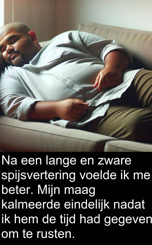 zware: Na een lange en zware spijsvertering voelde ik me beter. Mijn maag kalmeerde eindelijk nadat ik hem de tijd had gegeven om te rusten.