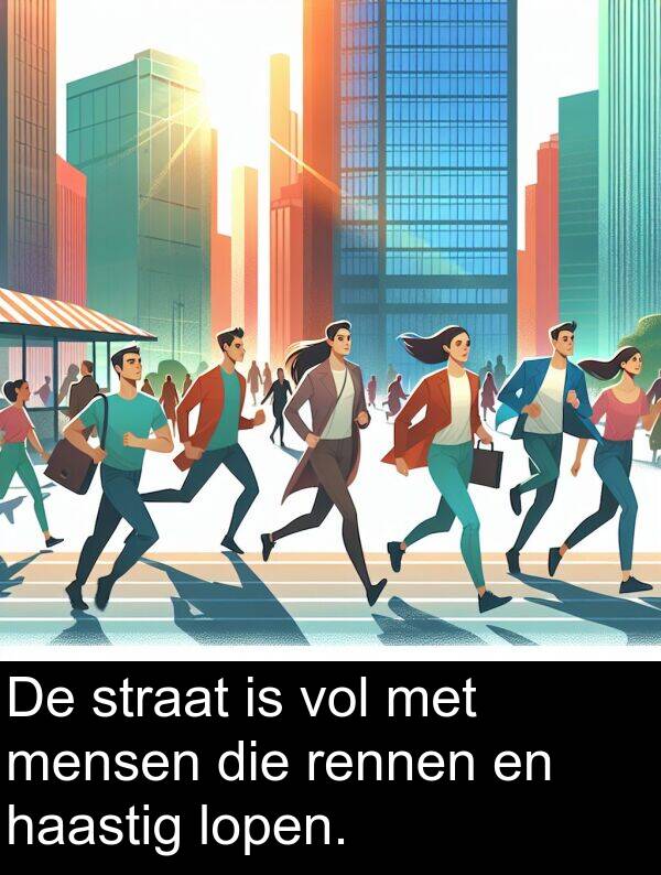 mensen: De straat is vol met mensen die rennen en haastig lopen.