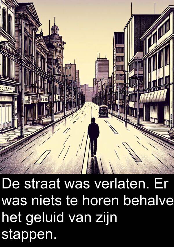 geluid: De straat was verlaten. Er was niets te horen behalve het geluid van zijn stappen.