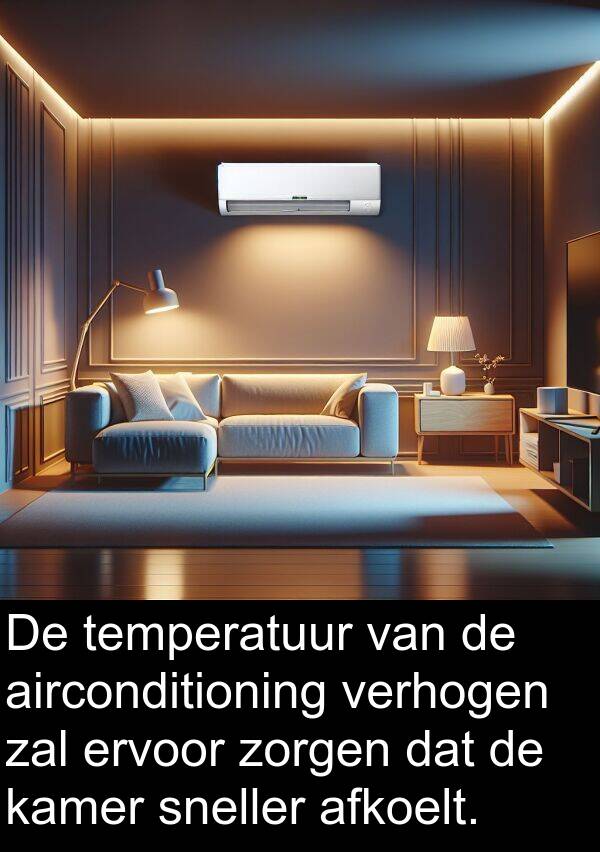 sneller: De temperatuur van de airconditioning verhogen zal ervoor zorgen dat de kamer sneller afkoelt.