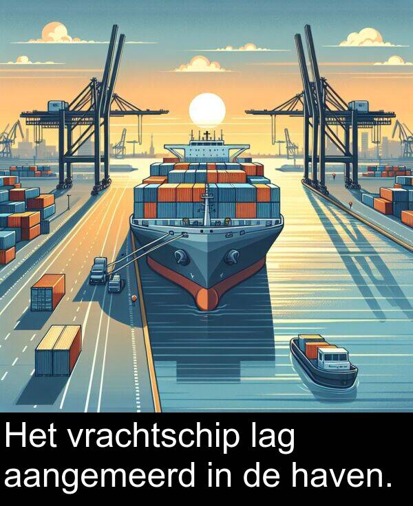 lag: Het vrachtschip lag aangemeerd in de haven.
