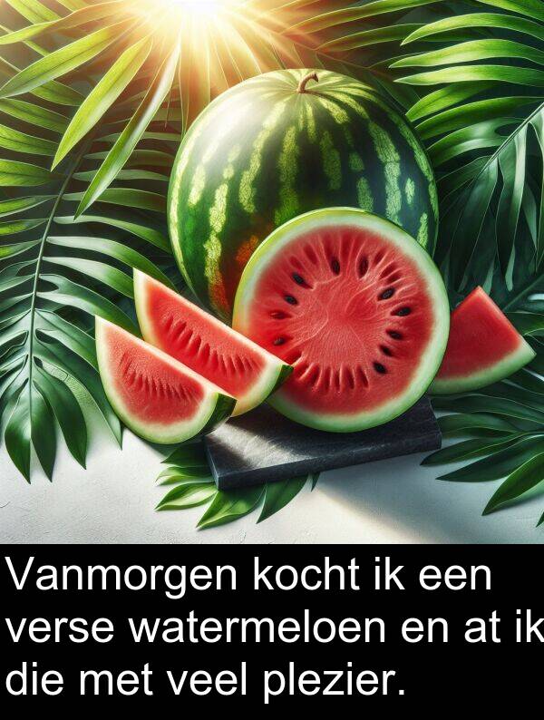 plezier: Vanmorgen kocht ik een verse watermeloen en at ik die met veel plezier.
