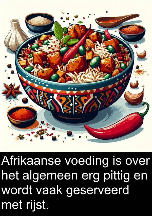 algemeen: Afrikaanse voeding is over het algemeen erg pittig en wordt vaak geserveerd met rijst.