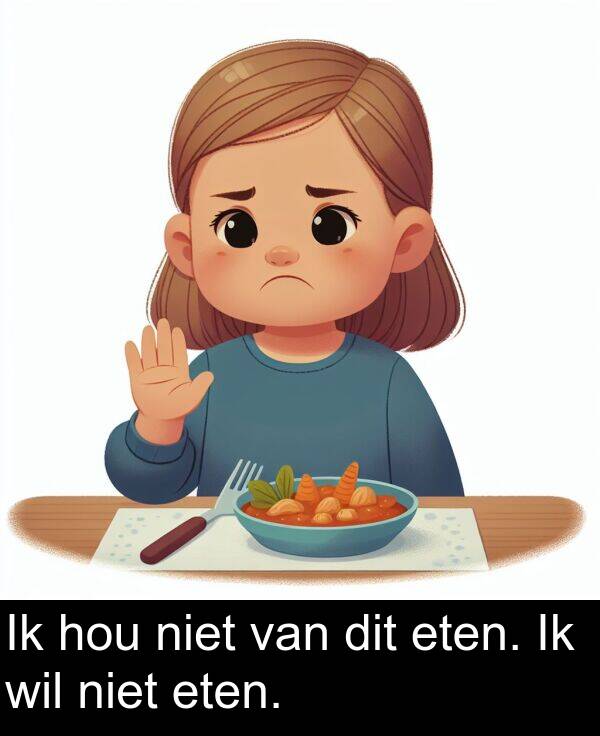 niet: Ik hou niet van dit eten. Ik wil niet eten.