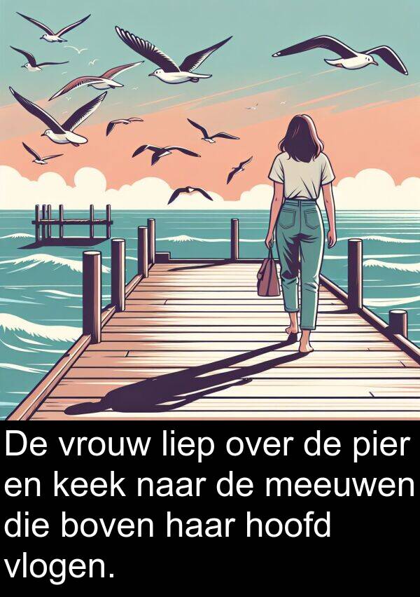 boven: De vrouw liep over de pier en keek naar de meeuwen die boven haar hoofd vlogen.