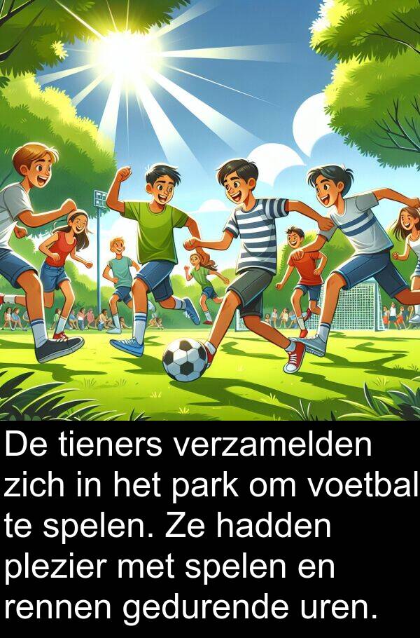 spelen: De tieners verzamelden zich in het park om voetbal te spelen. Ze hadden plezier met spelen en rennen gedurende uren.